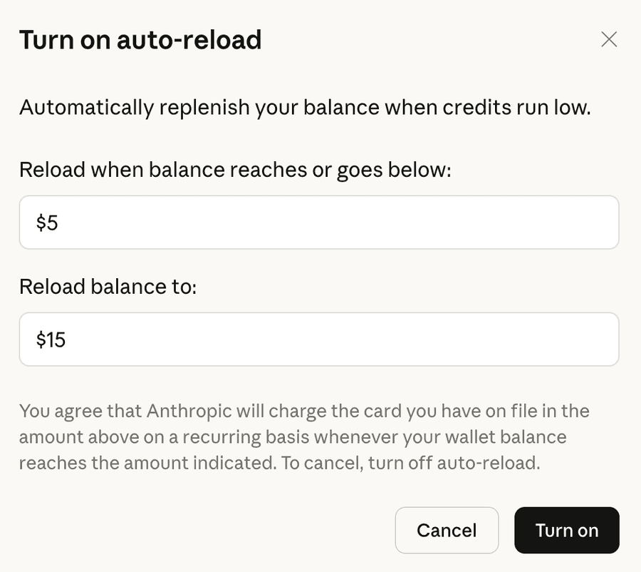 Claudeの自動チャージ(auto-reload)設定モーダル